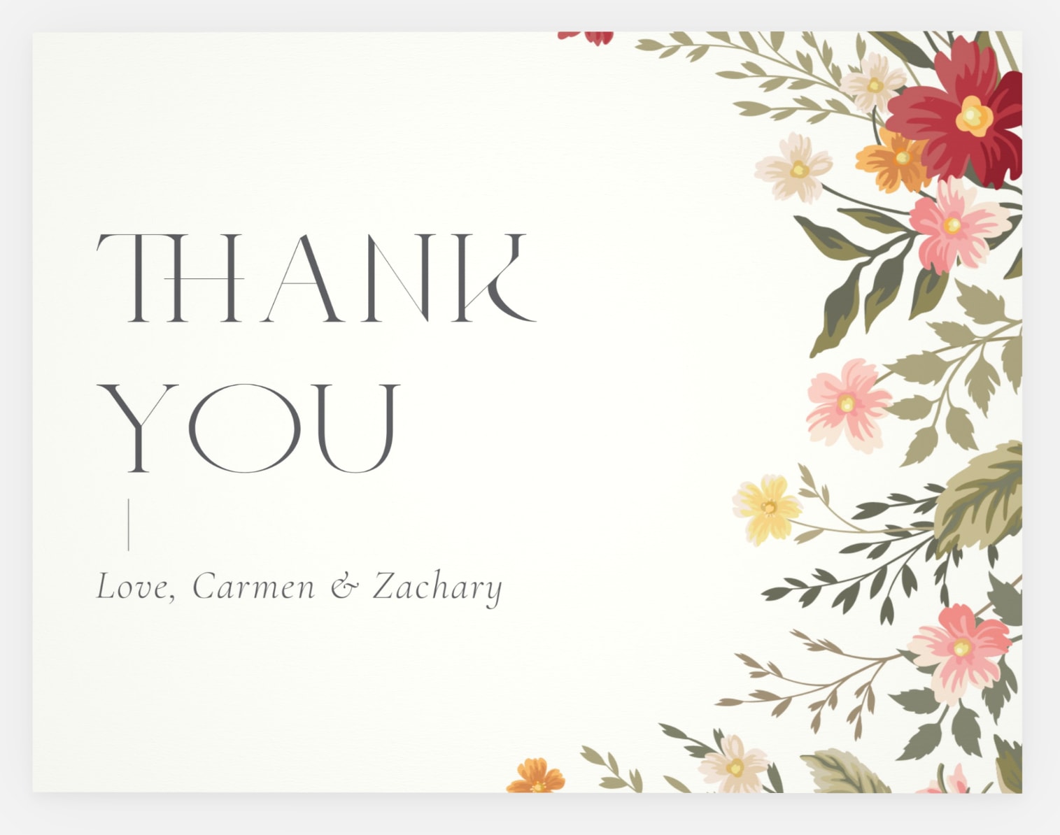 Floral wedding thank you card design with couple’s names